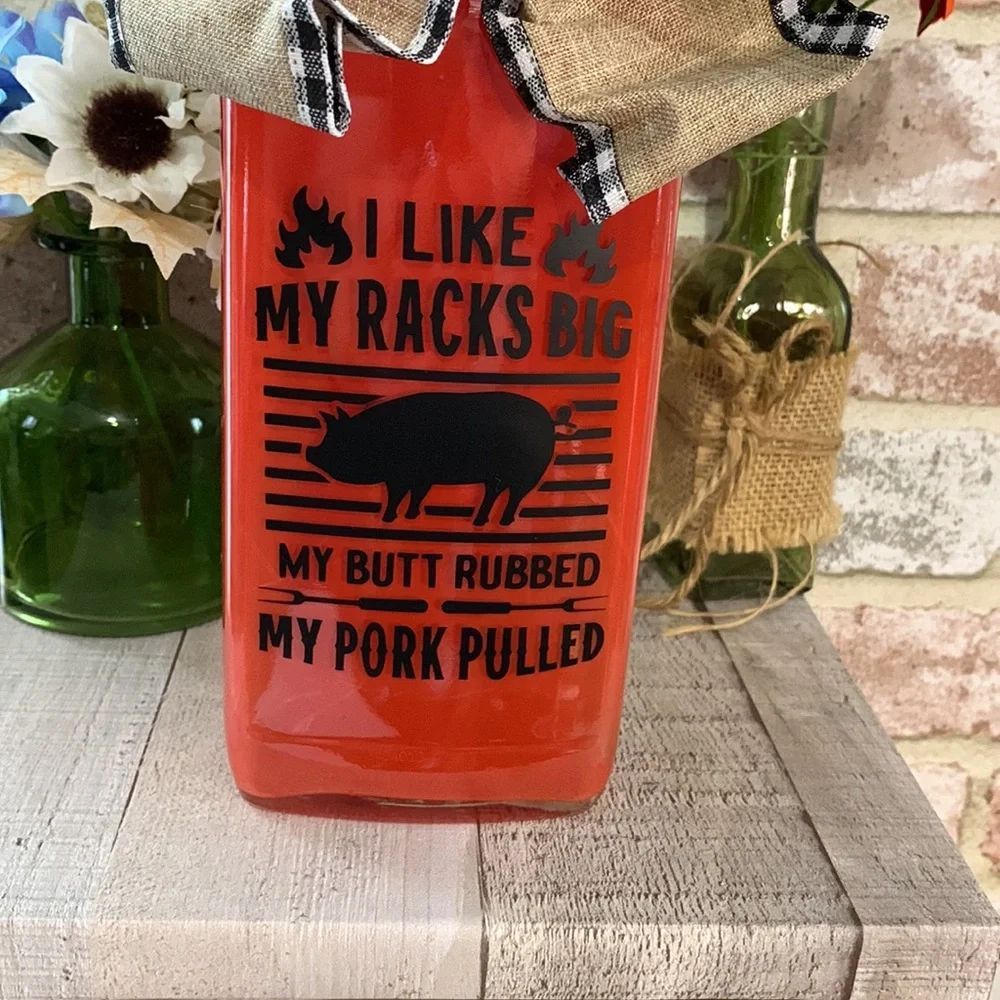 Hand Crafted Red BBQ Bottle Lantern with Burlap Bow